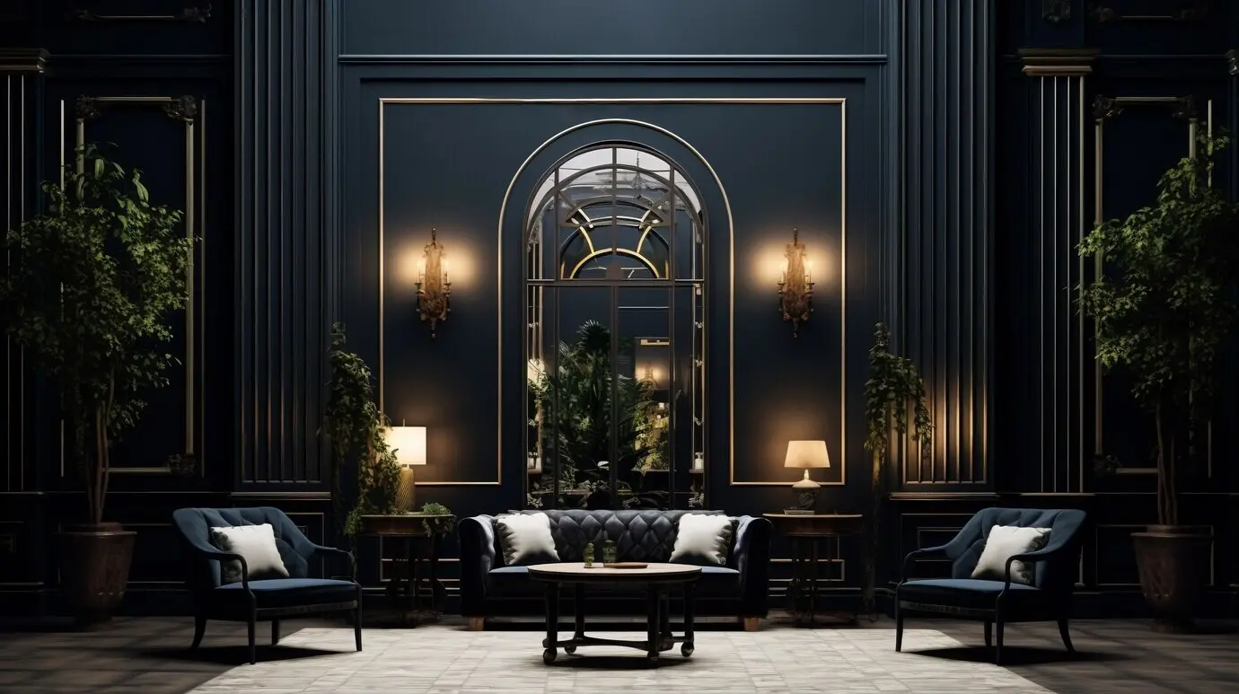 Neoklassizistische Innenraumgestaltung mit Möblierung und Dekoration.